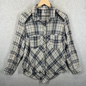 Free People Plaid Button Down Shirt Women S Gray Black Cage Shoulder EUC